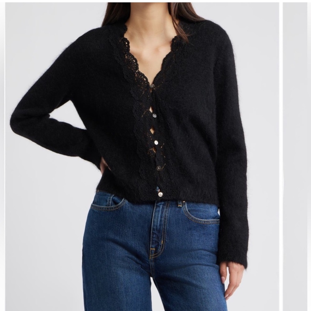 Rails Mer Lace Trim Black Cardigan Alpaca Wool Blend Size Small
